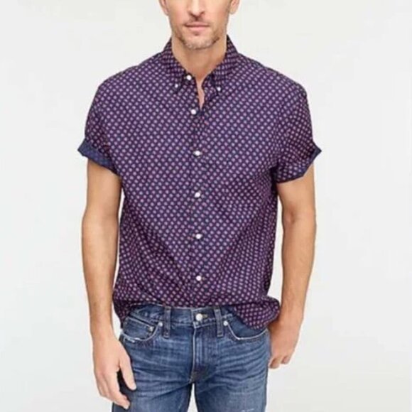 J Crew Secret Wash Organic Cotton Slim Stretch Short Sleeve Shirt Floral Large - Picture 1 of 10